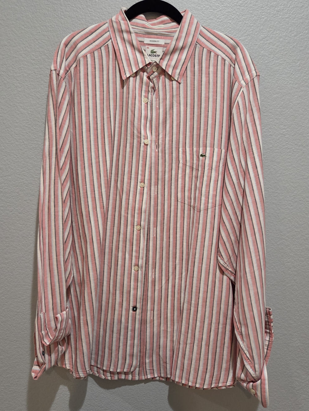 Lacoste Men’s Pink/white Stripe Button-Down Shirt Modern Size 46 Linen
